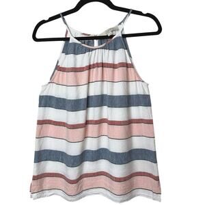 Loft Gray White Pink Stripe Linen Blend Halter Neck Sleeveless Blouse Keyhole SM